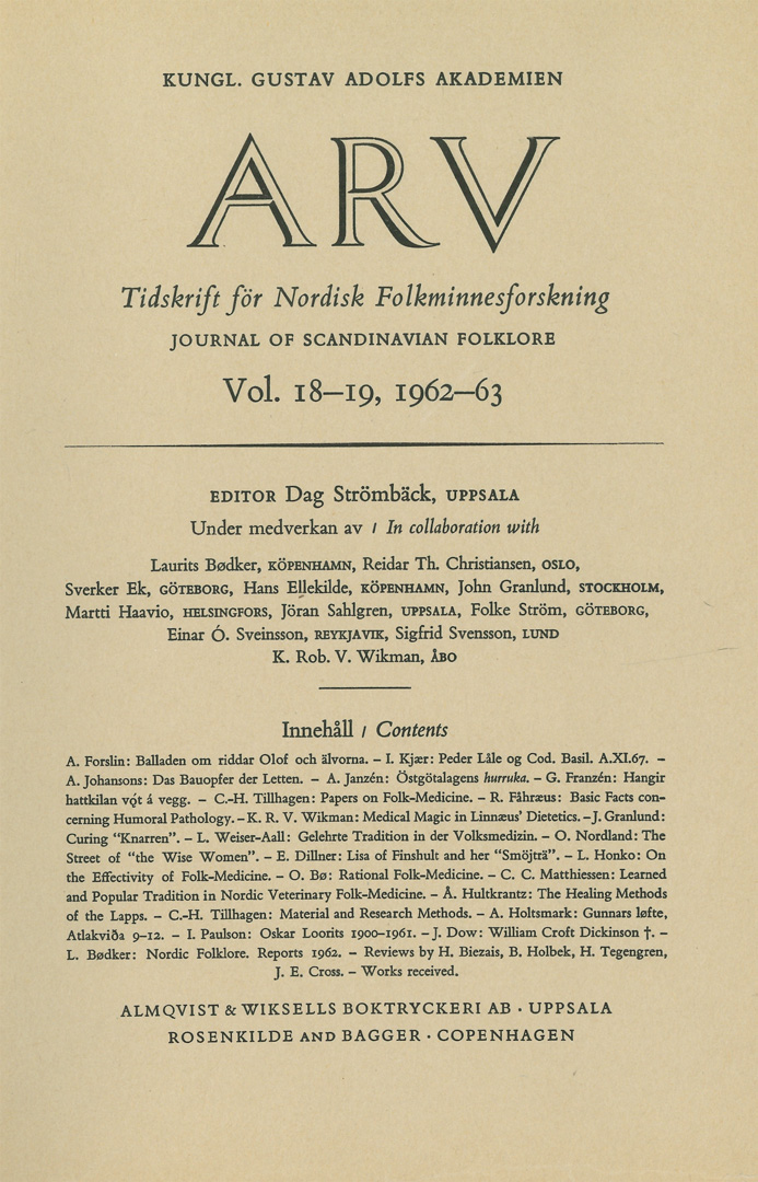 Arv - Scandinavian Yearbook of Folklore Vol. 18–19, 1962–63