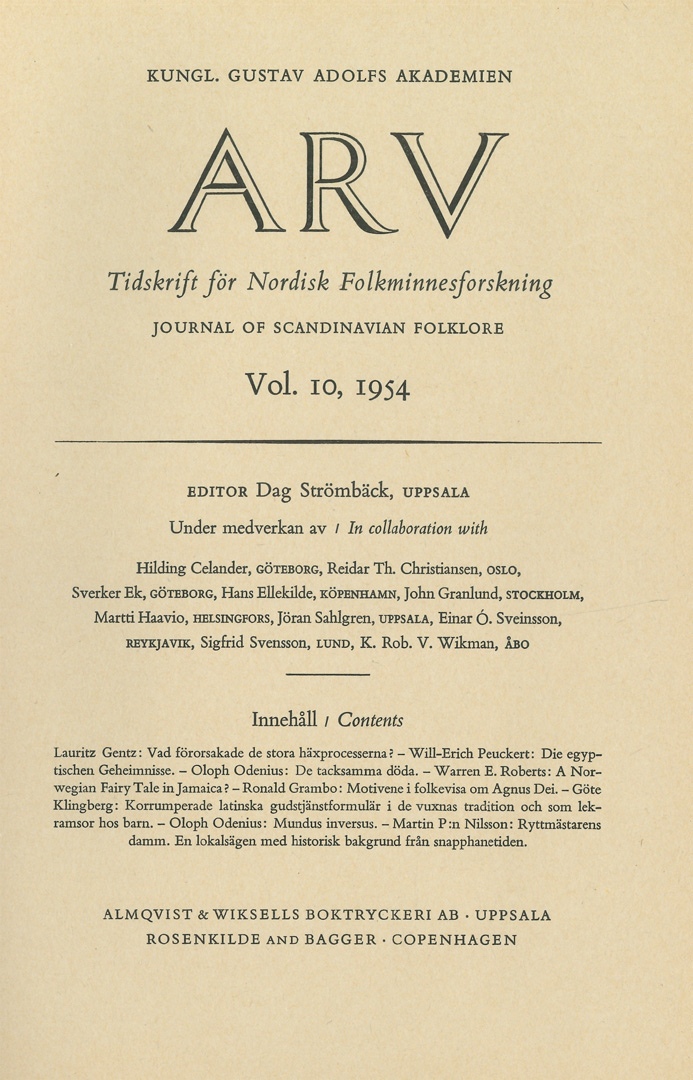 Arv - Scandinavian Yearbook of Folklore Vol. 10 - 1954