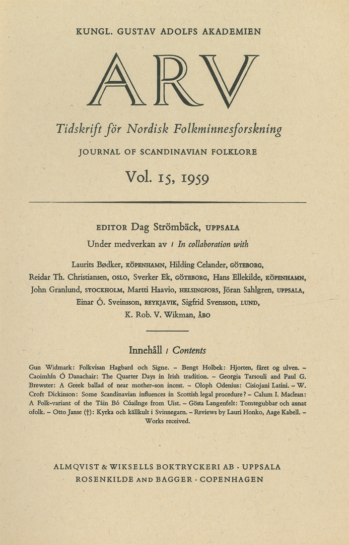 Arv - Scandinavian Yearbook of Folklore Vol. 15 - 1959