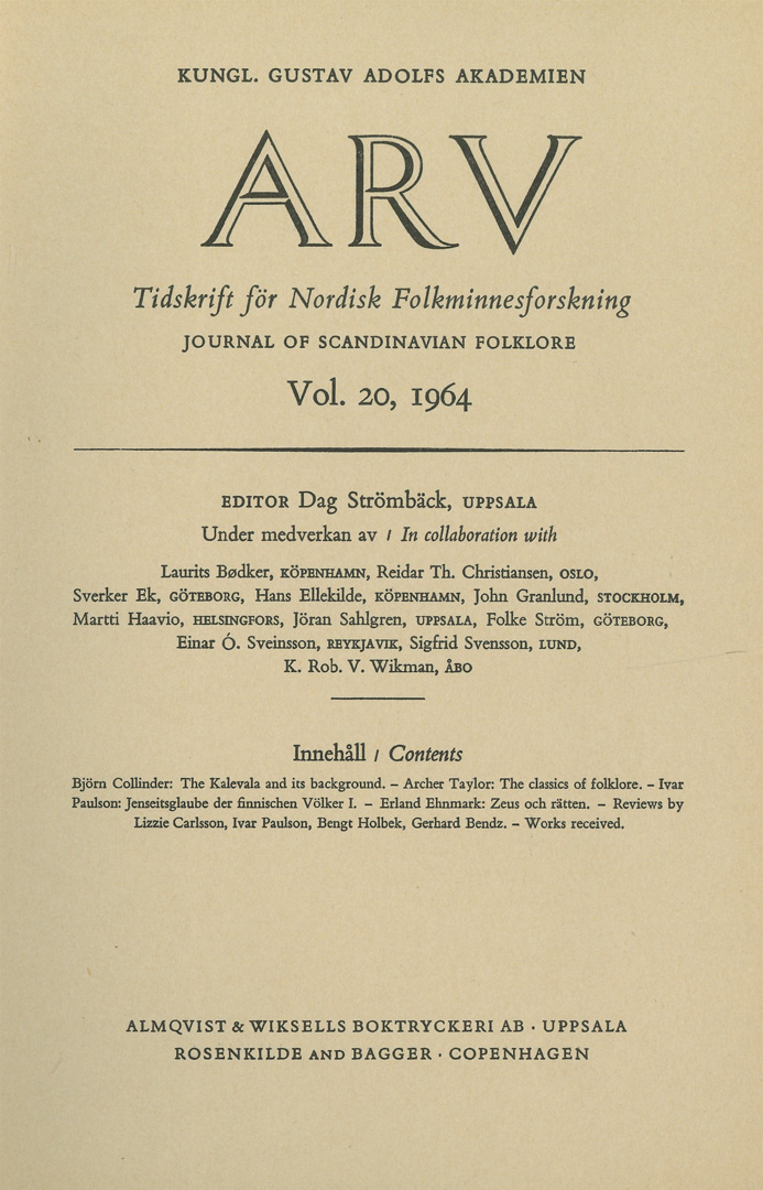 Arv - Scandinavian Yearbook of Folklore Vol. 20 - 1964